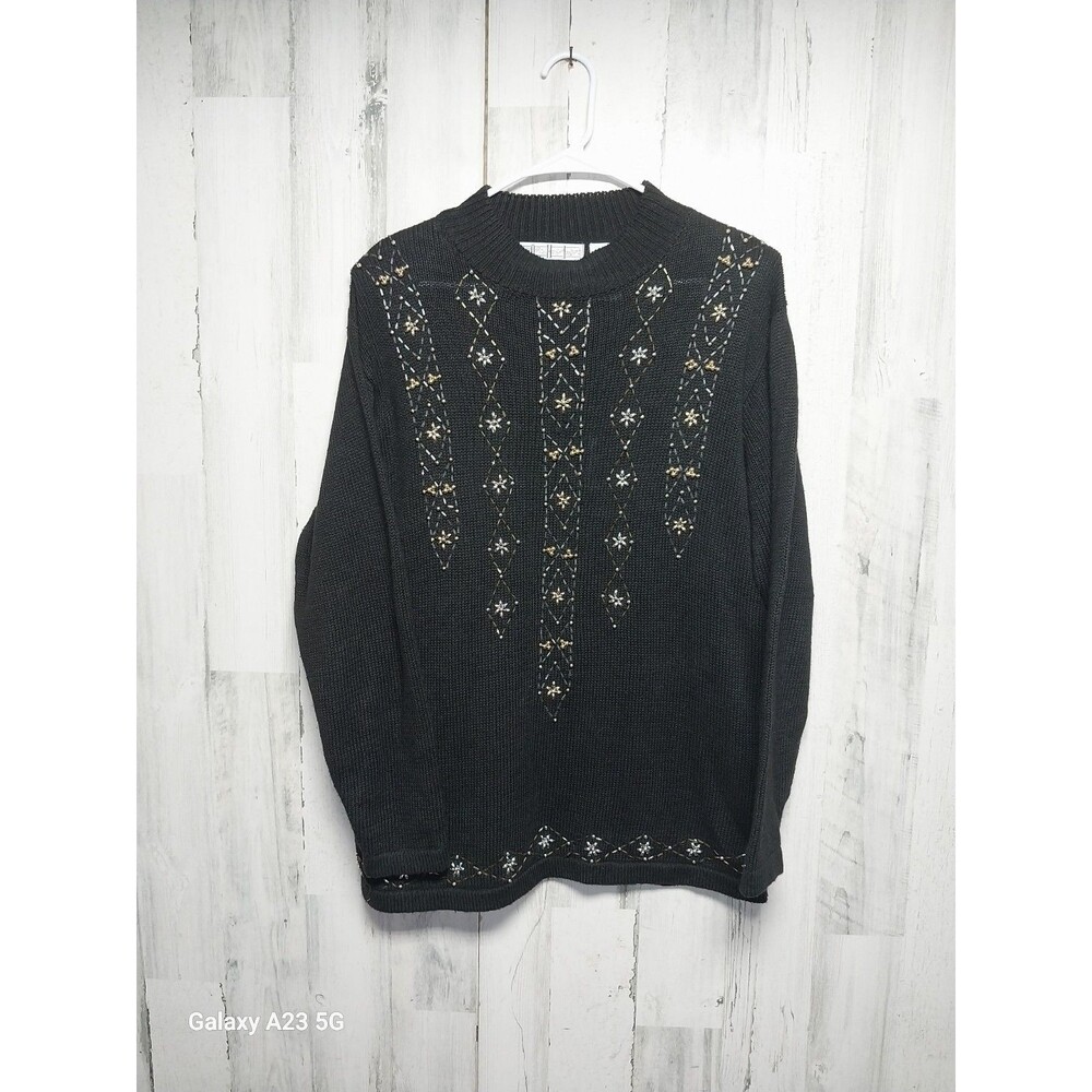 Vintage OHI Sweater Women  Medium Black 90s Floral Beaded Tunic